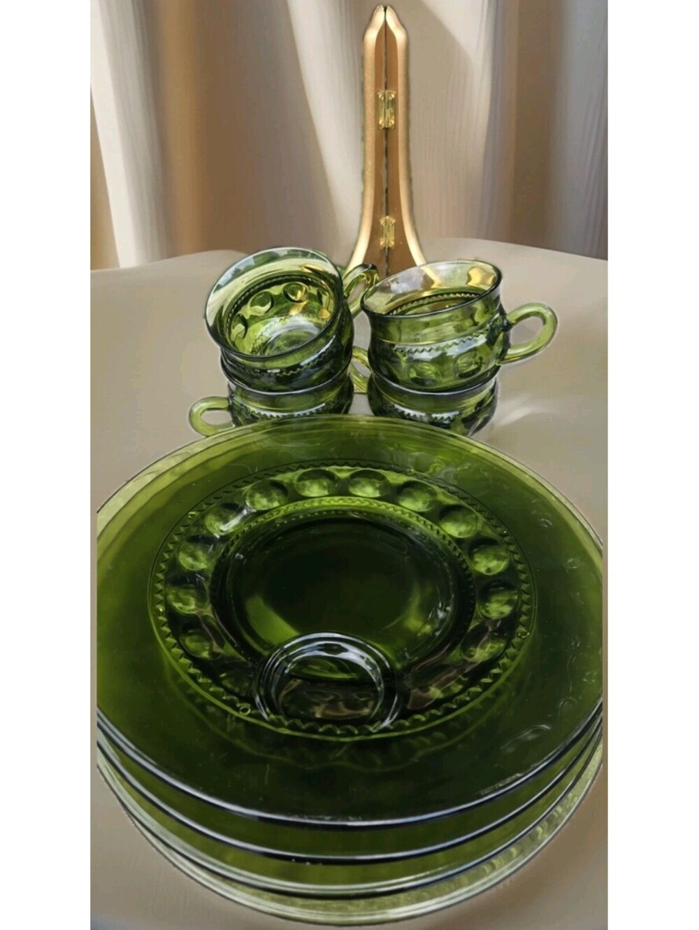 Vintage Green Indiana Glass King Crown Thumbprint 4 Plates & 4 Cups SNACK SET